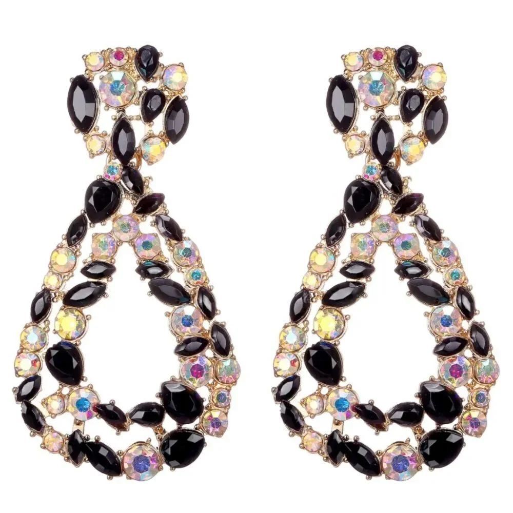 Yellow Gold with Onyx and Iridescent AB Crystal Geometric Teardrop Post Earrings